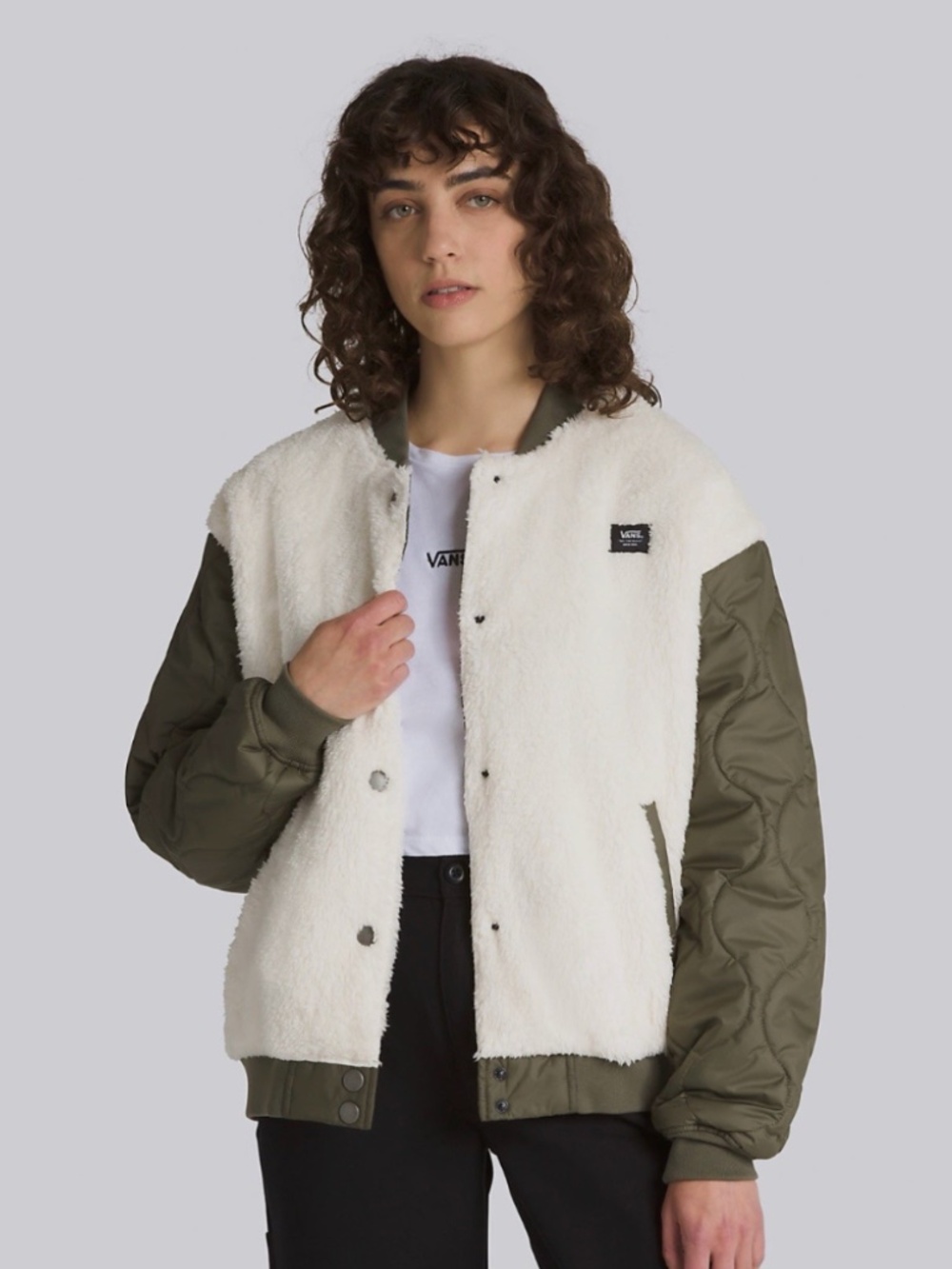 VANS Kasia Bomber Varsity Quilt Women’s Sherpa Grape Leaf Green Jacket Sz XL Gr - Picture 1 of 7